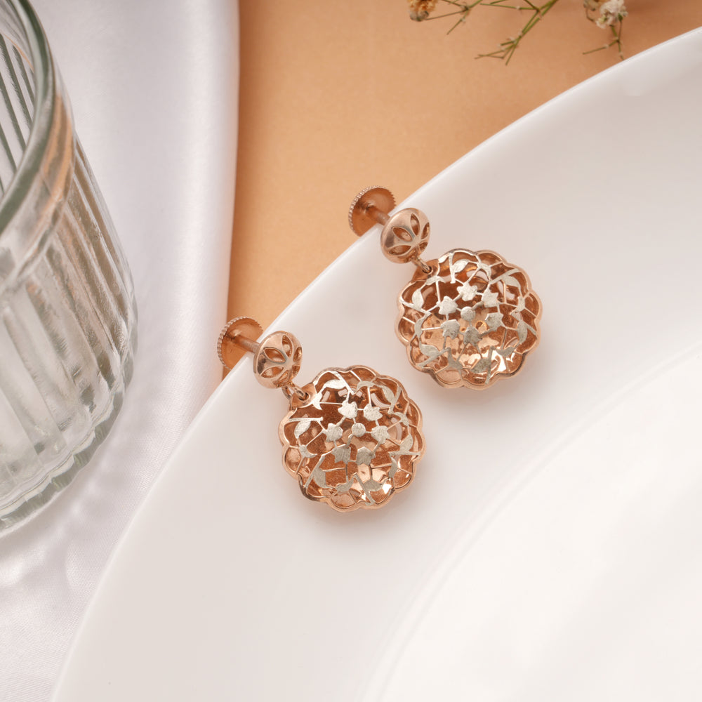 Intricate Round Cutout Silver Rose Gold Earrings
