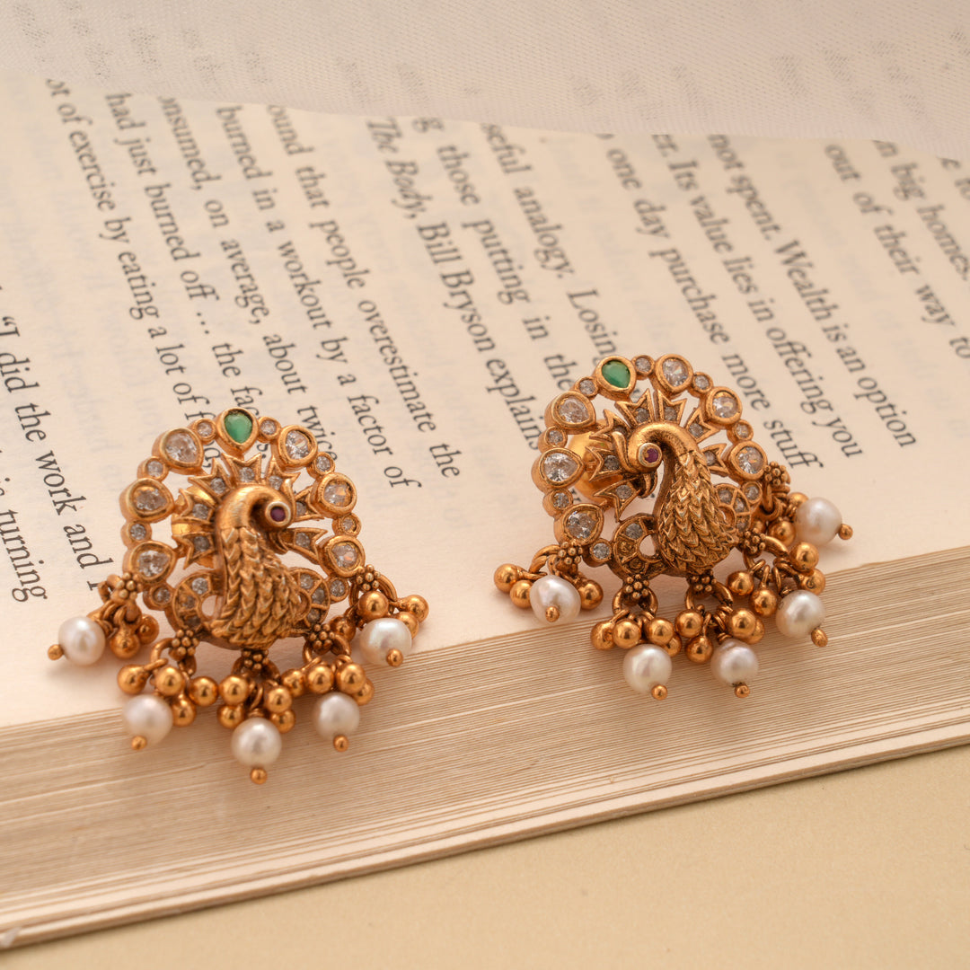 Antique Golden White Stone Peacock Studs