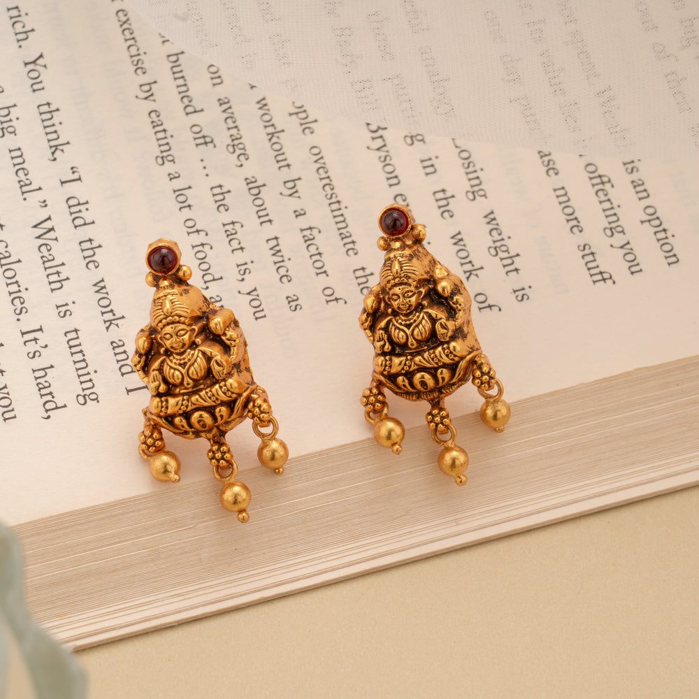 Antique Lotus Lakshmi with Golden Ball Drops Stud