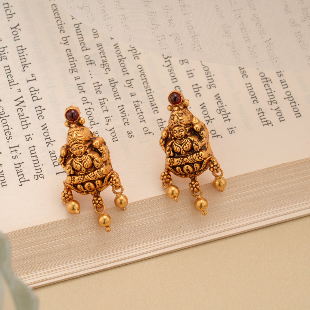 Antique Lotus Lakshmi with Golden Ball Drops Stud