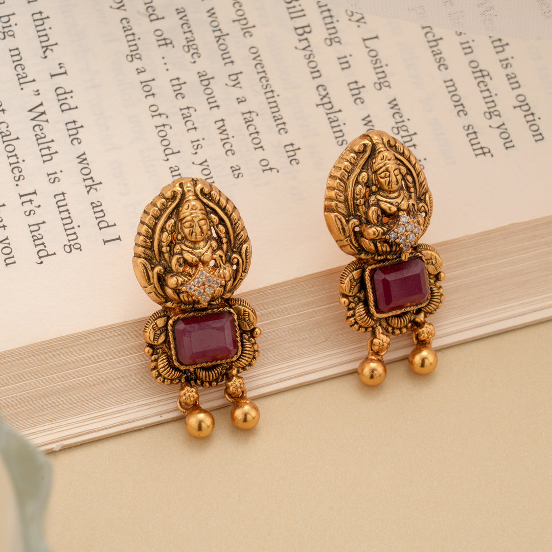 Antique Ruby Stone with Golden Bead Drops Earring
