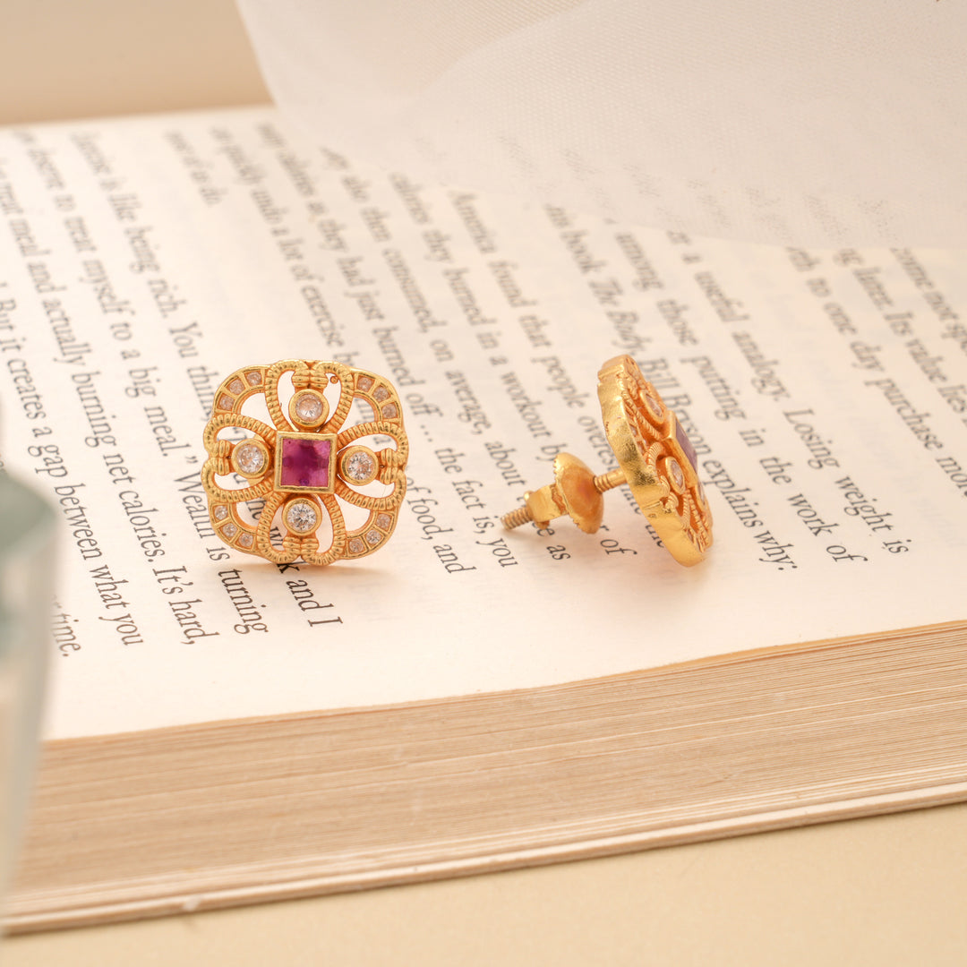 Square Ruby Stone Golden Floral Studs
