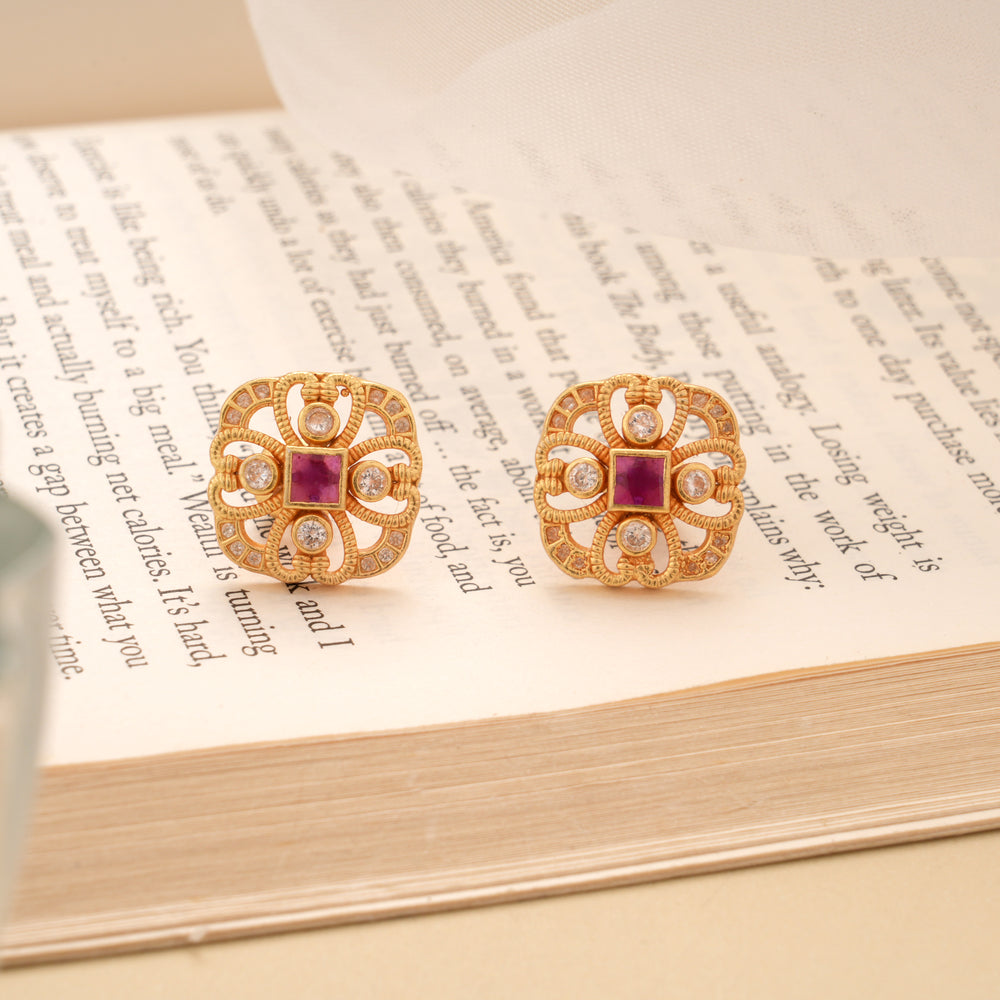 Square Ruby Stone Golden Floral Studs