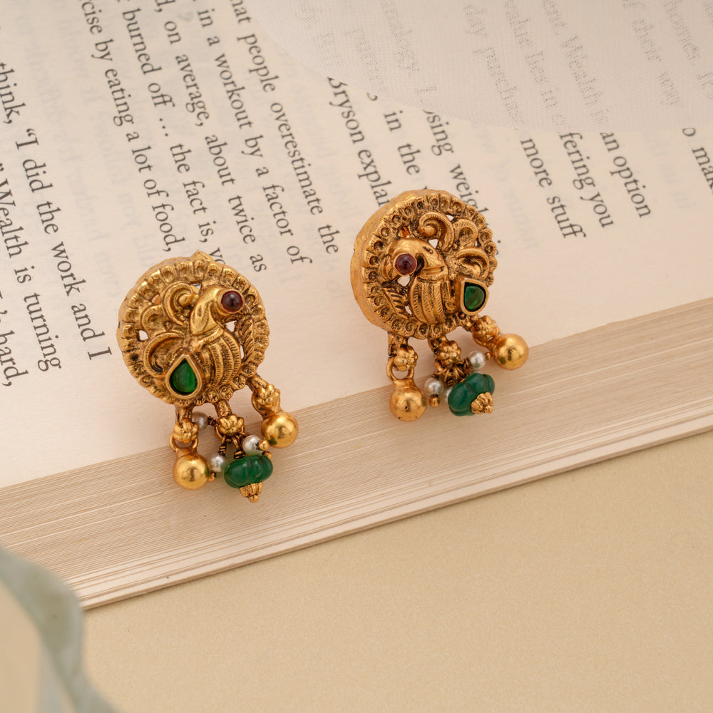Antique Gold Peacock with Green Beads Studs