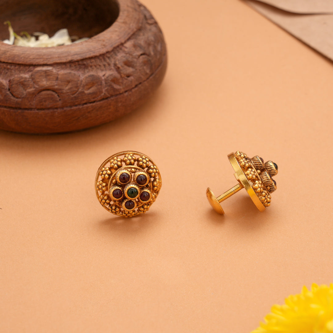 Elite Ruby Stone Golden Floral Stud