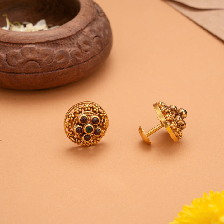 Elite Ruby Stone Golden Floral Stud