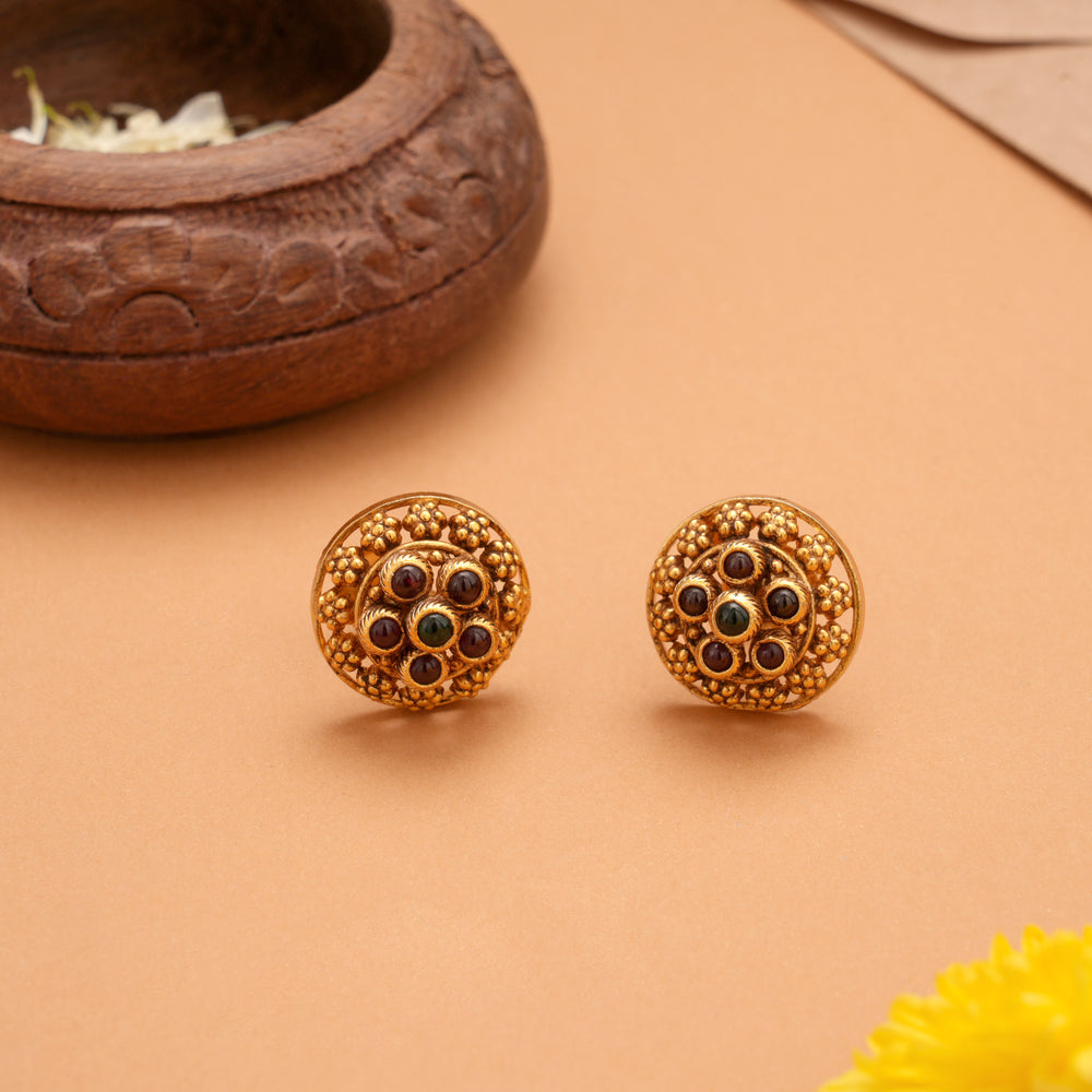 Elite Ruby Stone Golden Floral Stud