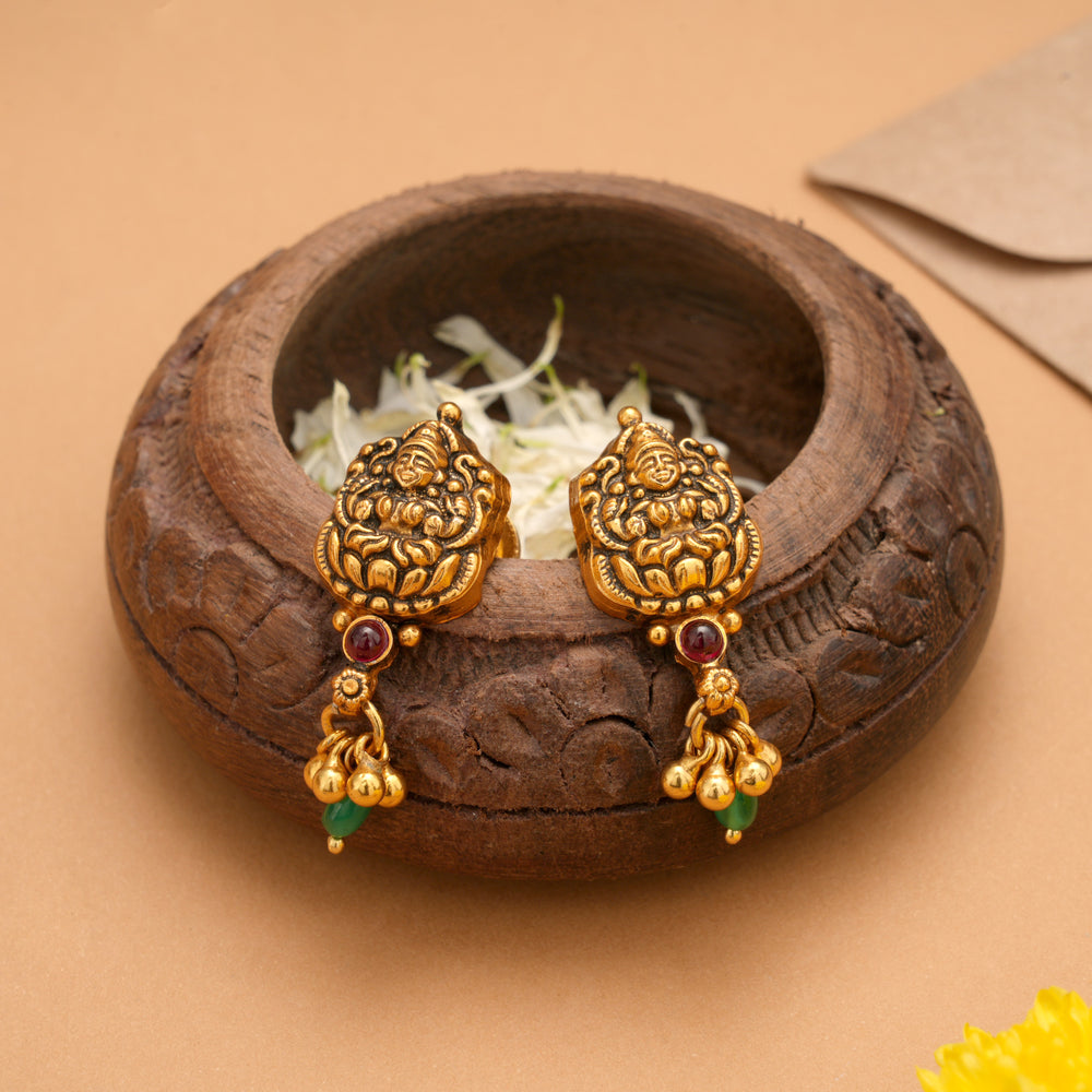 Antique Lakshmi Devi with Green Golden Drops Earring