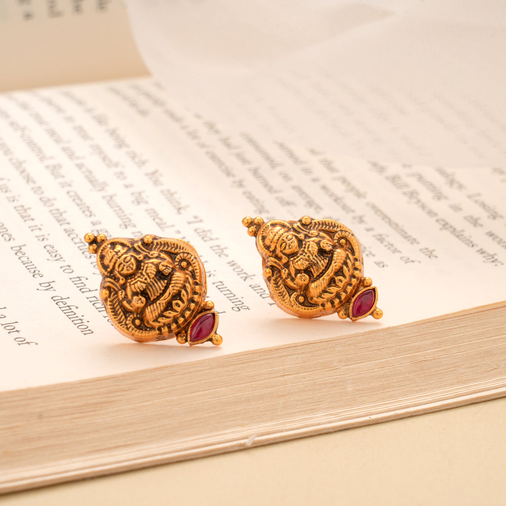Beautiful Lakshmi with Red Stone Golden Stud