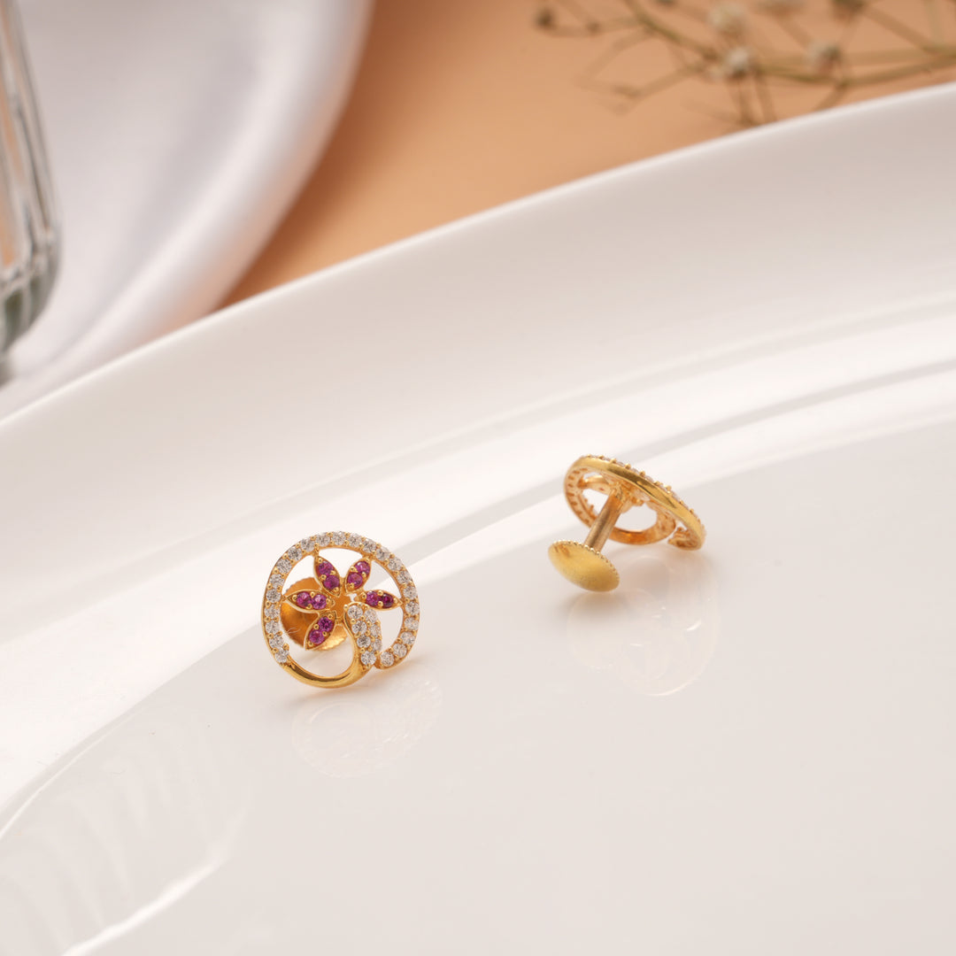 Ethnic Round Pattern Stone Floral Golden Stud