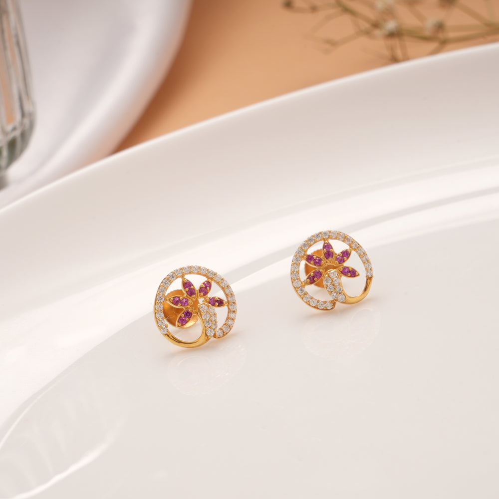 Ethnic Round Pattern Stone Floral Golden Stud