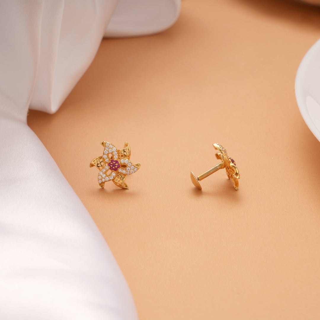 Beautiful Floral Blossom Stone Golden Stud