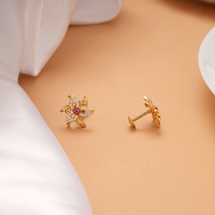 Beautiful Floral Blossom Stone Golden Stud