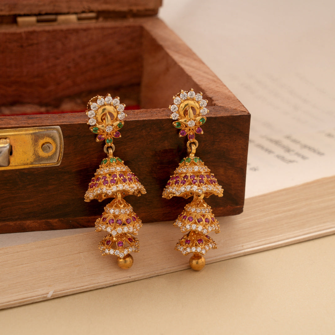 Vintage Style Gold Plated Three Step Jhumkas