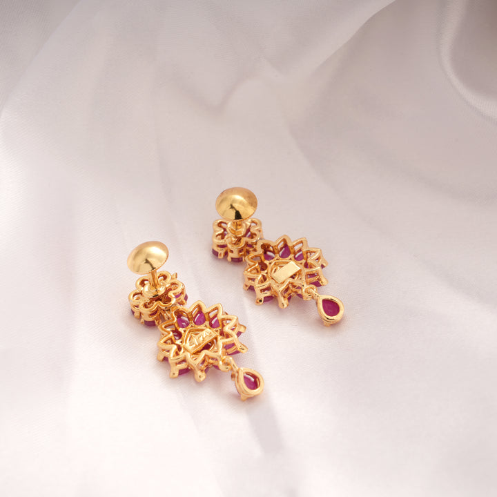 Elegant Ruby Stone Floral Golden Earring