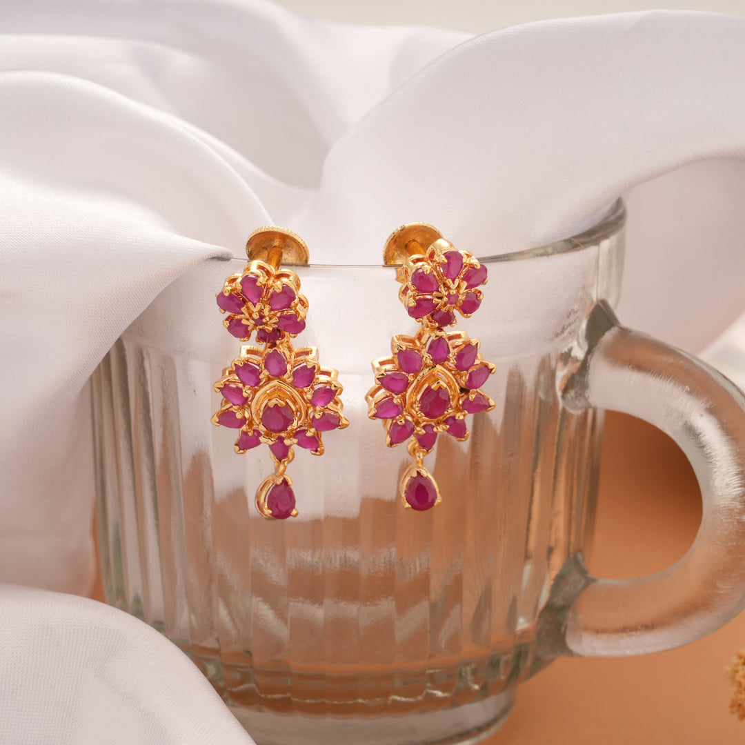 Elegant Ruby Stone Floral Golden Earring