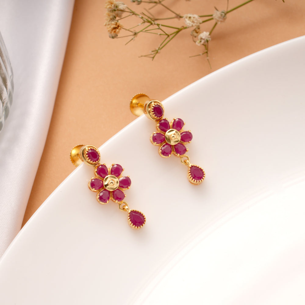 Elite Leaf Blossom Ruby Stone Golden Earring