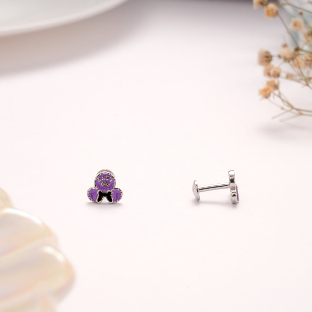 Purple Enamel Bow Design Silver Stud