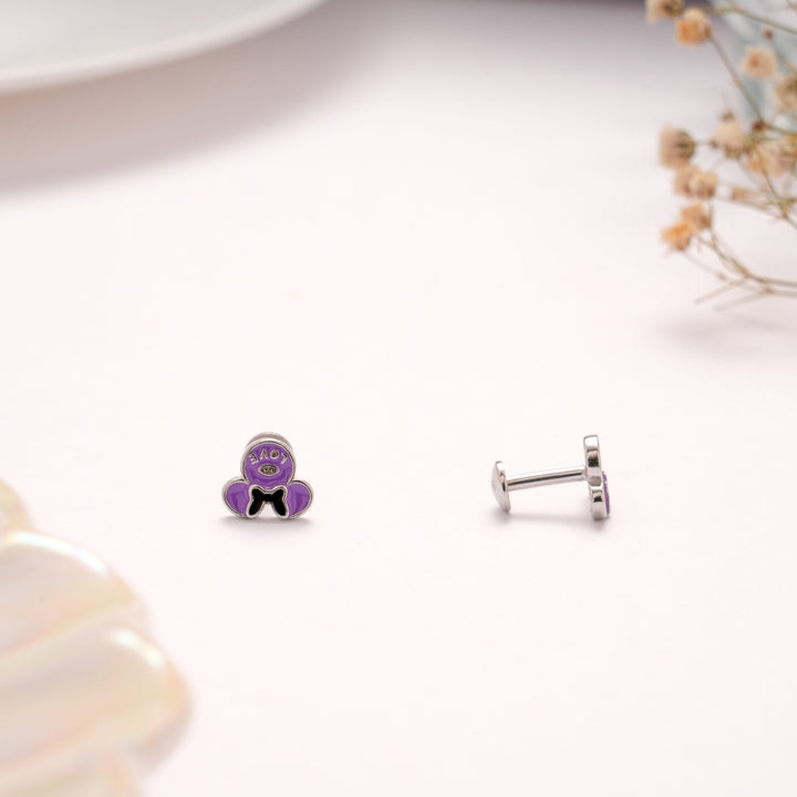 Purple Enamel Bow Design Silver Stud
