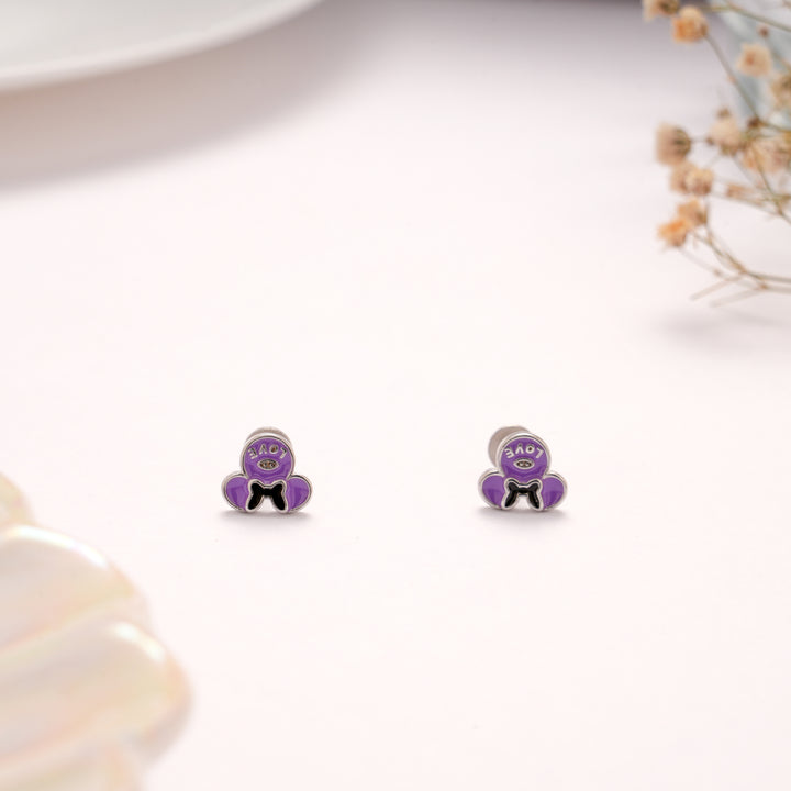 Purple Enamel Bow Design Silver Stud
