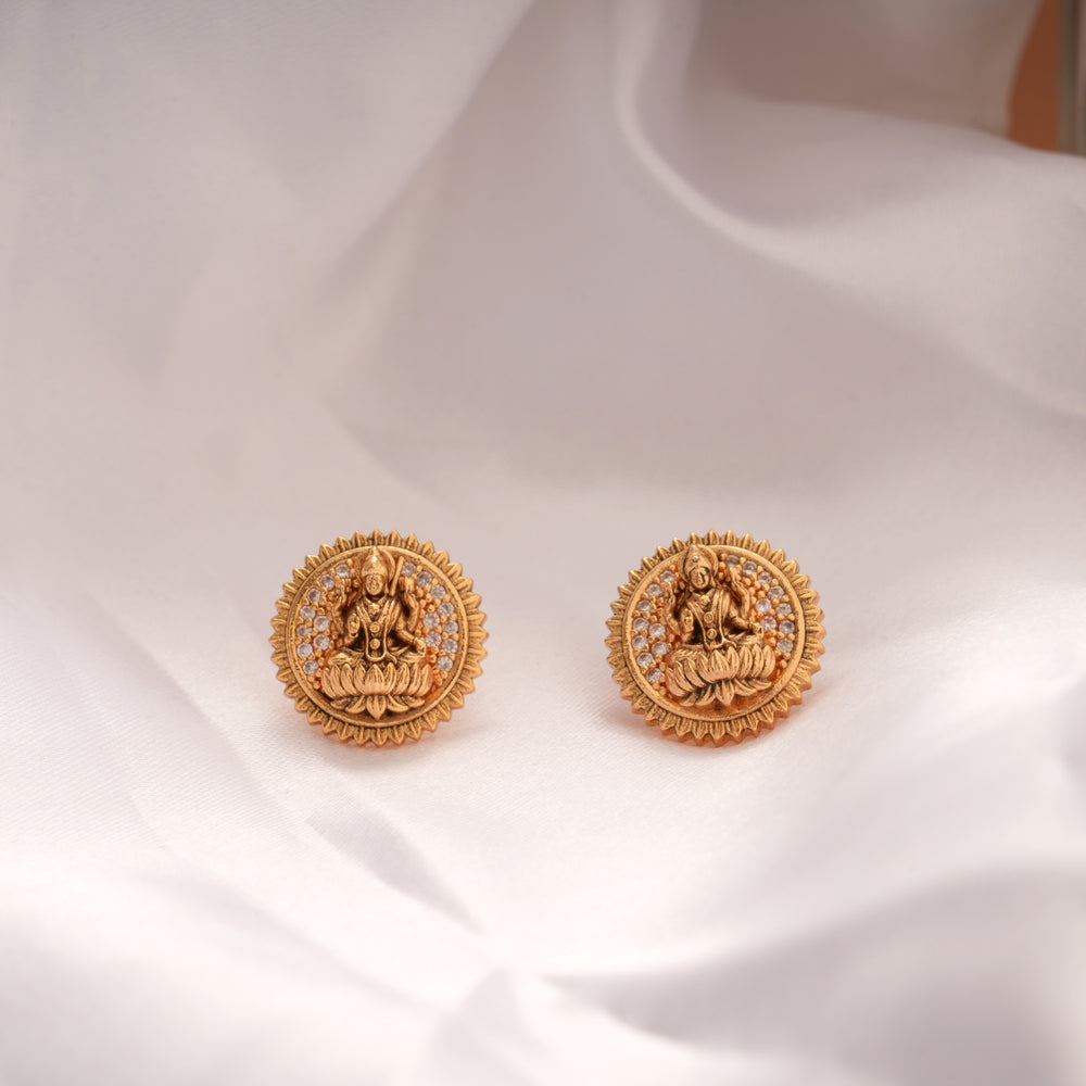 Goddess Lakshmi SunBurst Stone Golden Stud
