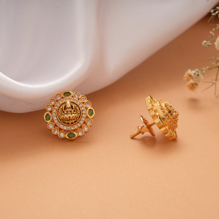 Goddess Lakshmi with Emerald Stone Golden Stud