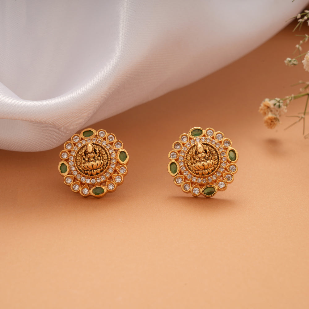 Goddess Lakshmi with Emerald Stone Golden Stud