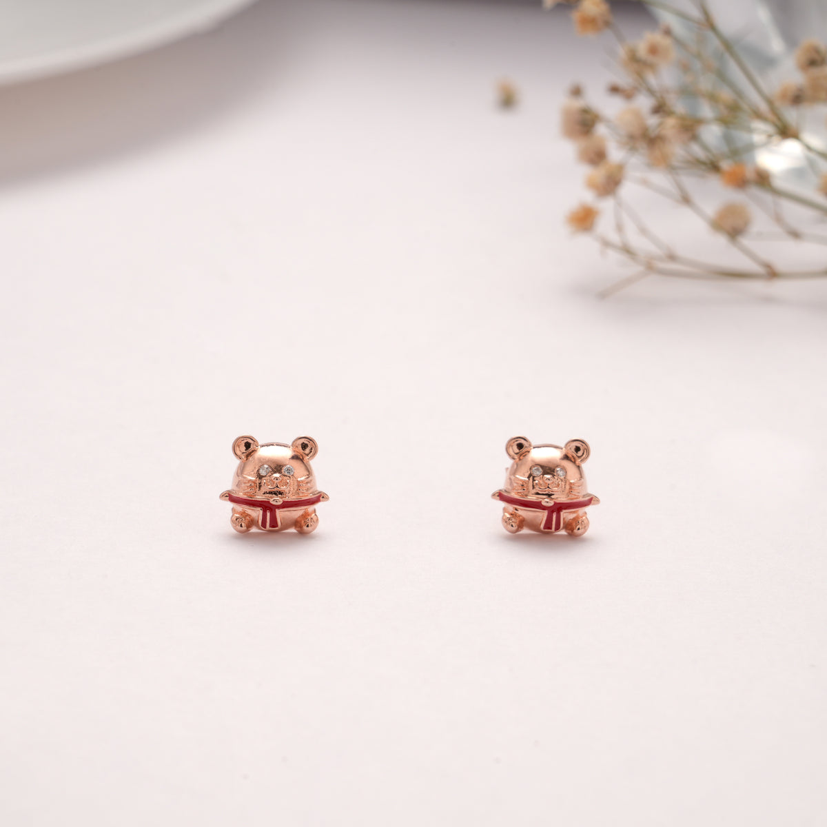 Cute Rose Gold Silver Teddy Bear Stud
