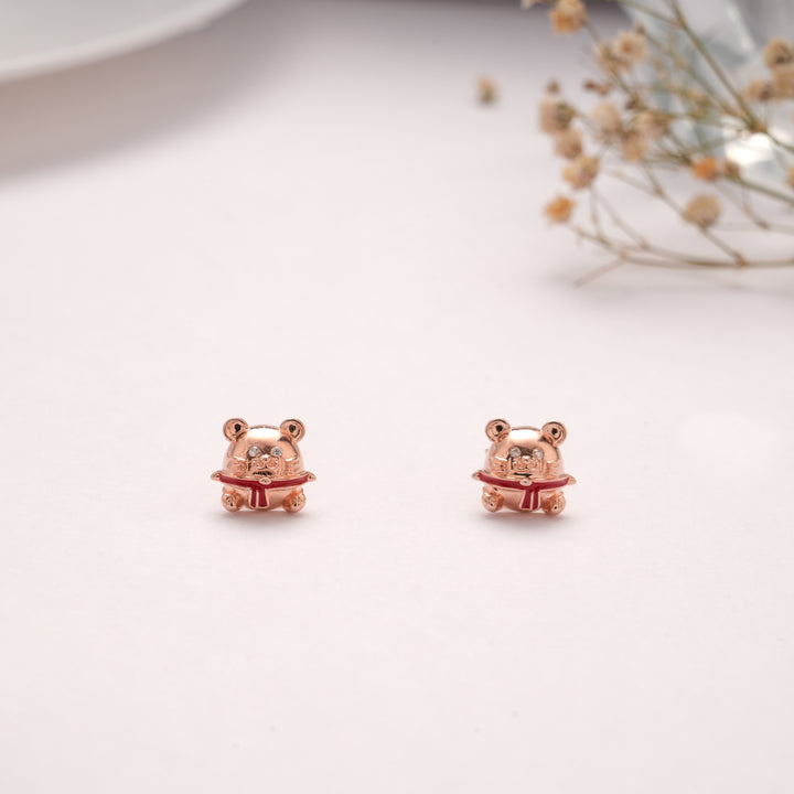 Cute Rose Gold Silver Teddy Bear Stud