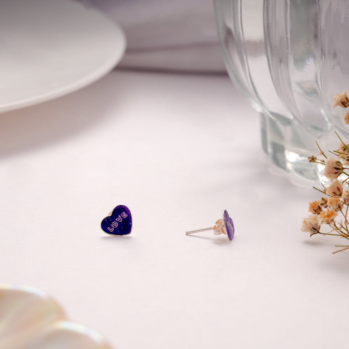 Romantic Silver Purple Enamel Heart Stud