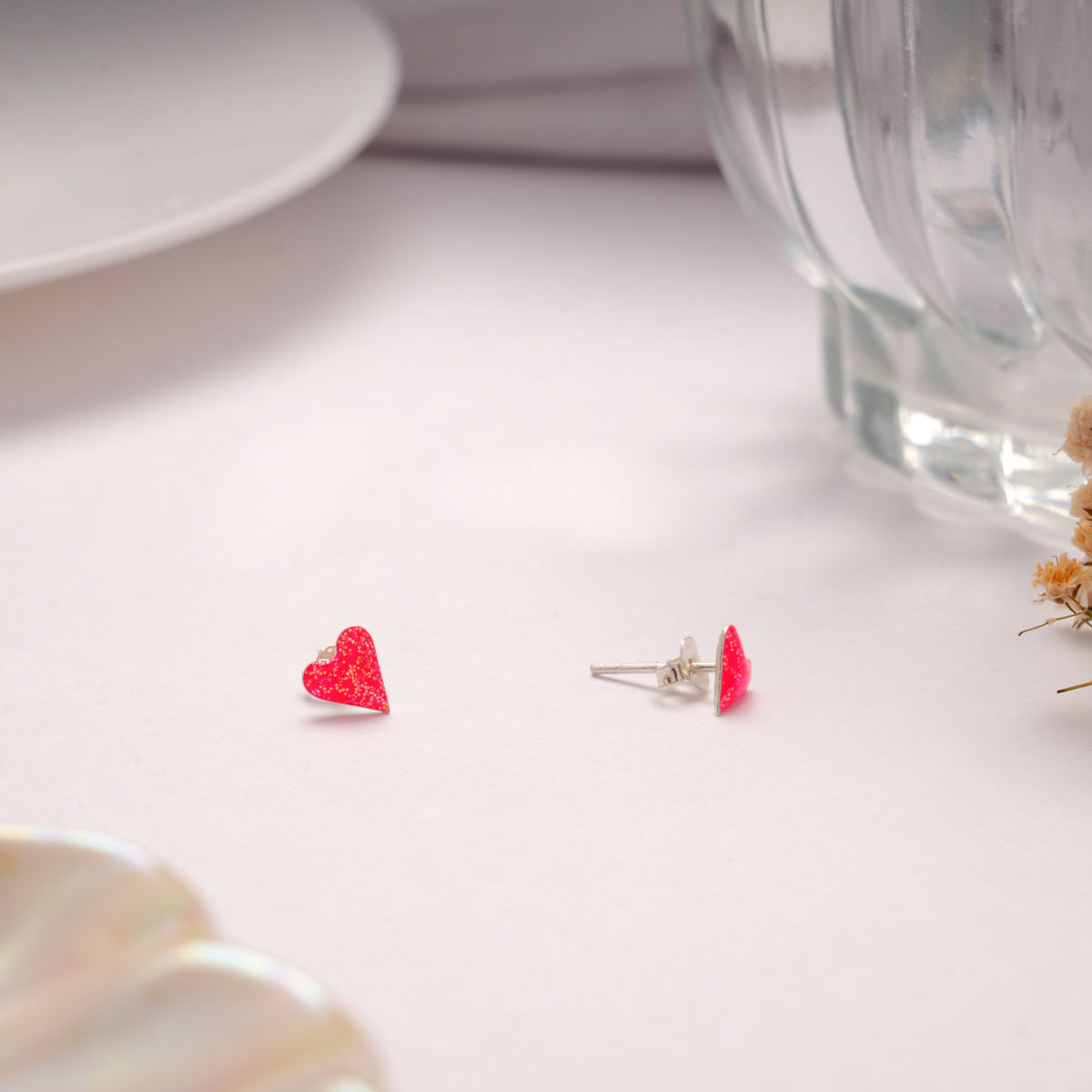 Shining Pink Enamel Heart Design Silver Stud