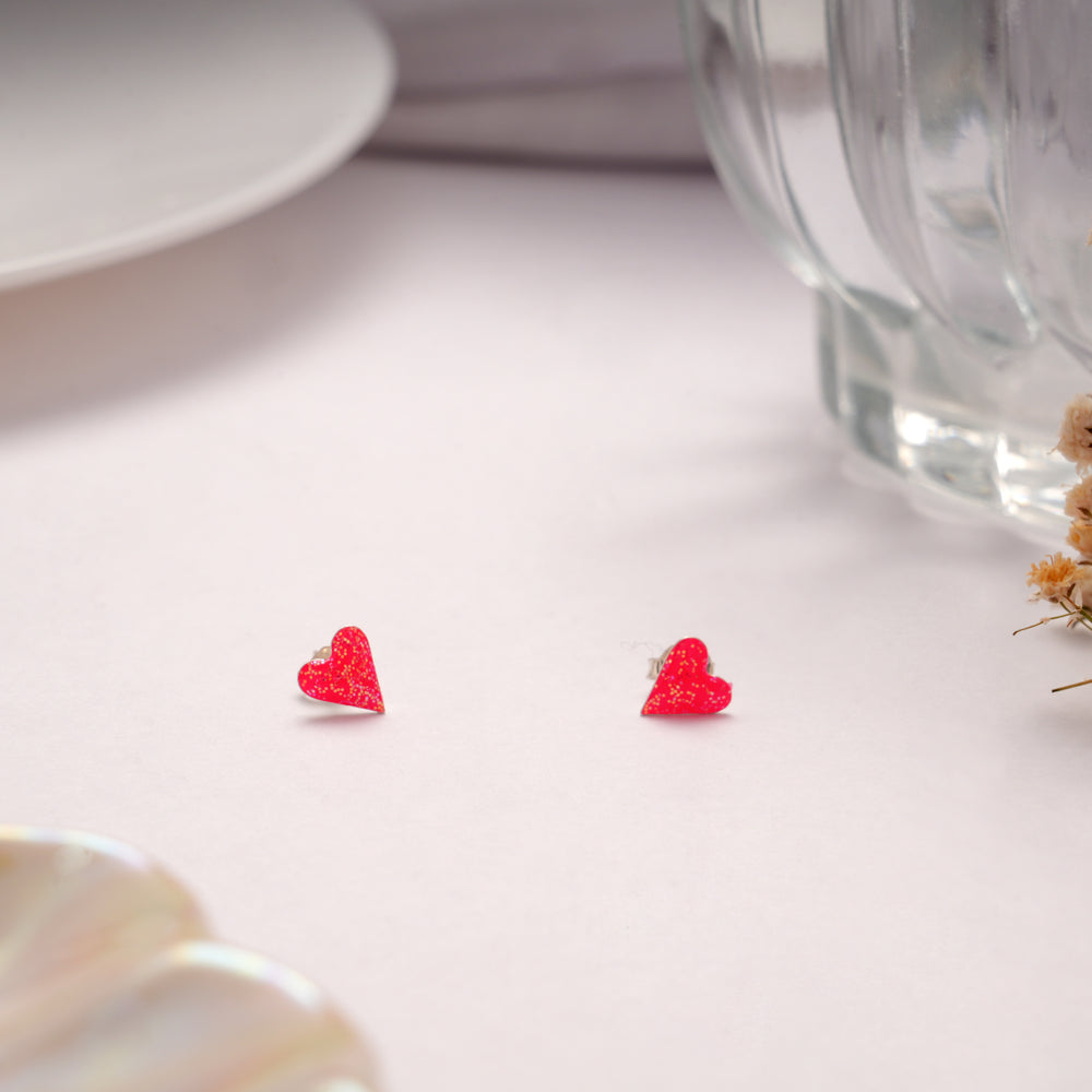 Shining Pink Enamel Heart Design Silver Stud