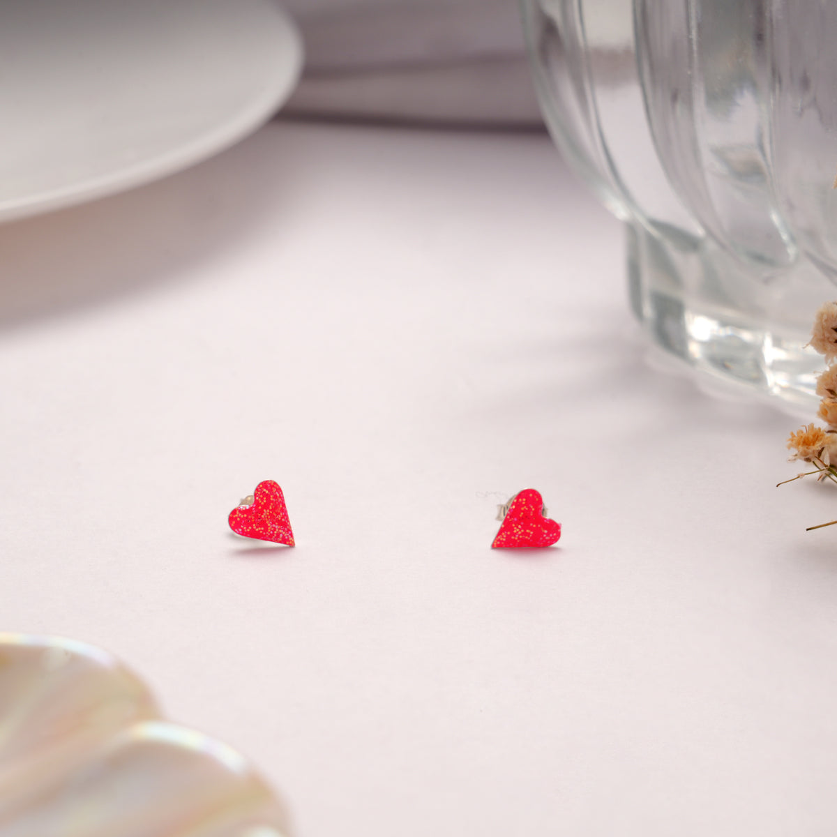 Shining Pink Enamel Heart Design Silver Stud