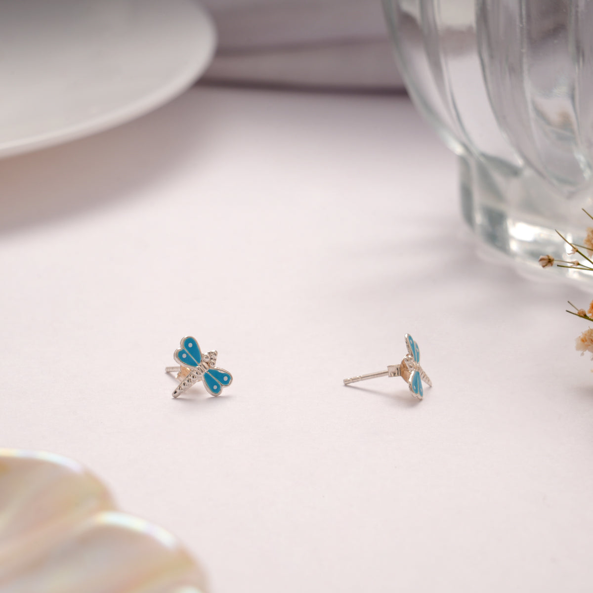 Fancy Silver Blue Dragonfly Stud