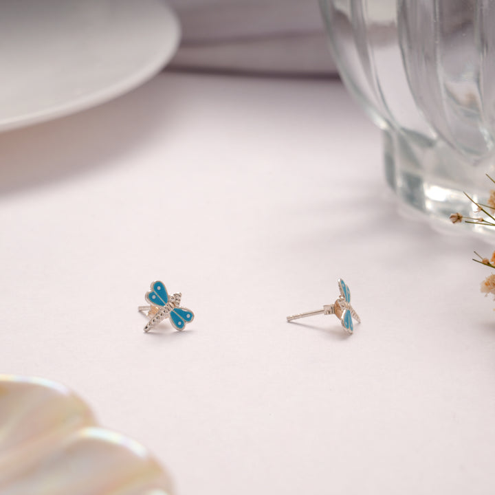 Fancy Silver Blue Dragonfly Stud