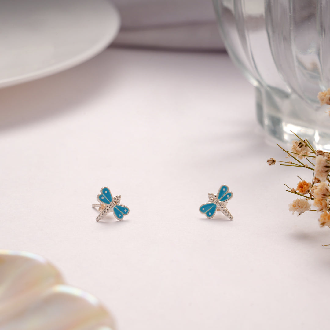 Fancy Silver Blue Dragonfly Stud