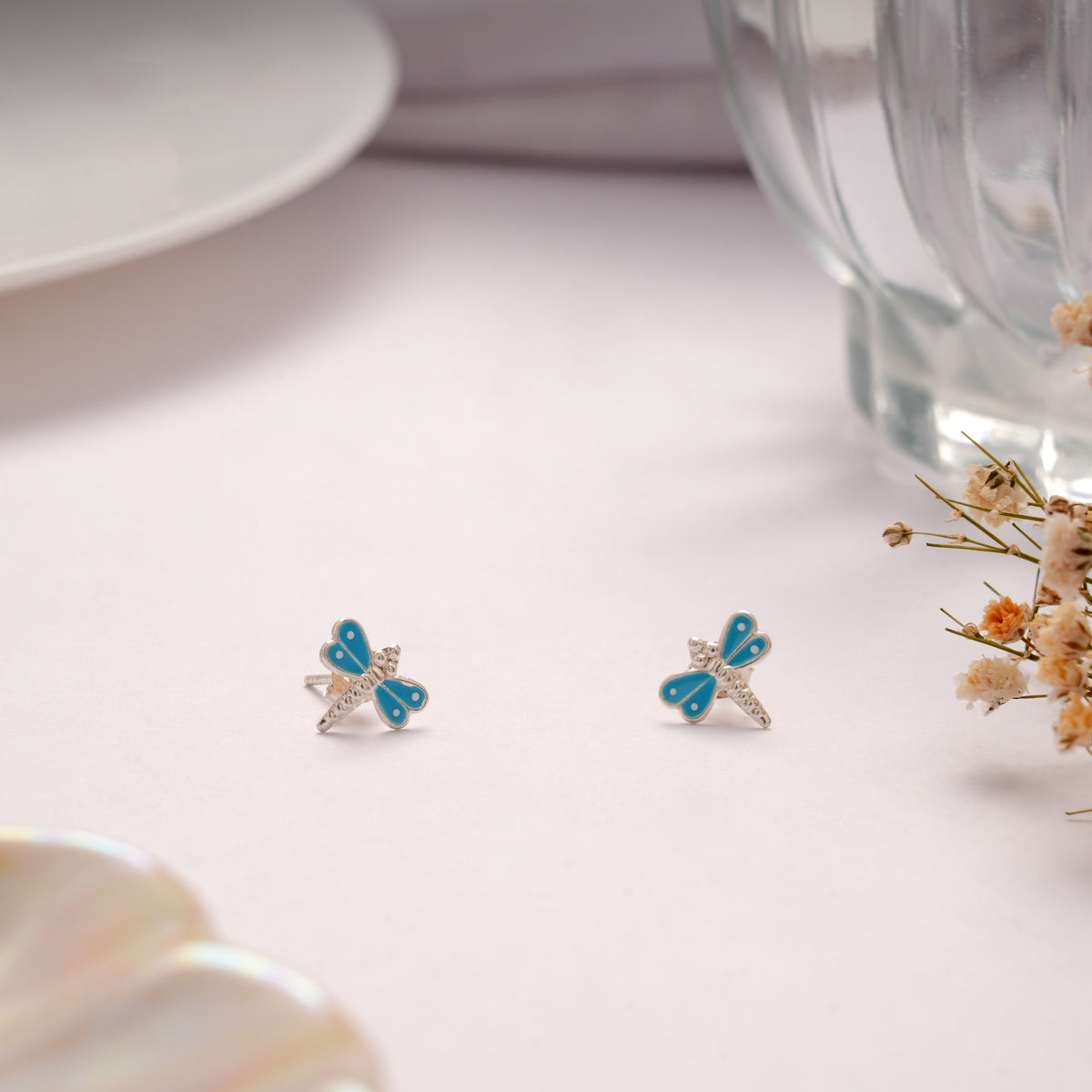 Fancy Silver Blue Dragonfly Stud