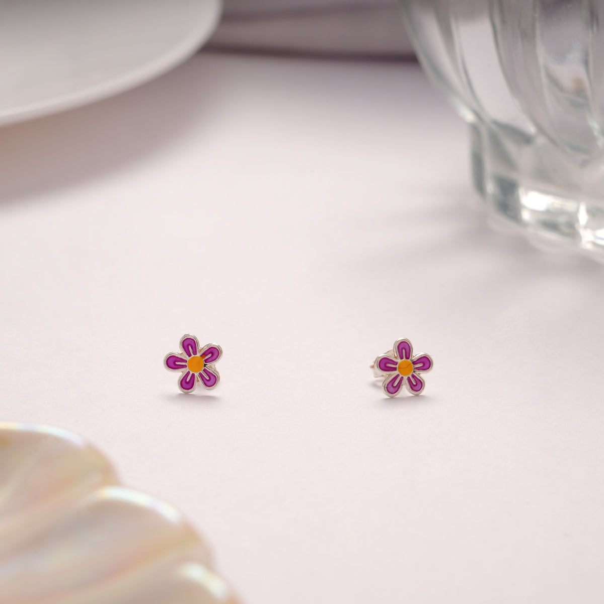 Mini Silver Floral Enamel Stud