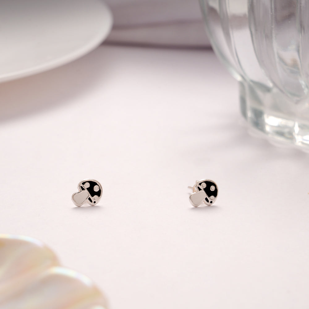 Dainty Silver Mushroom Black Enamel Stud