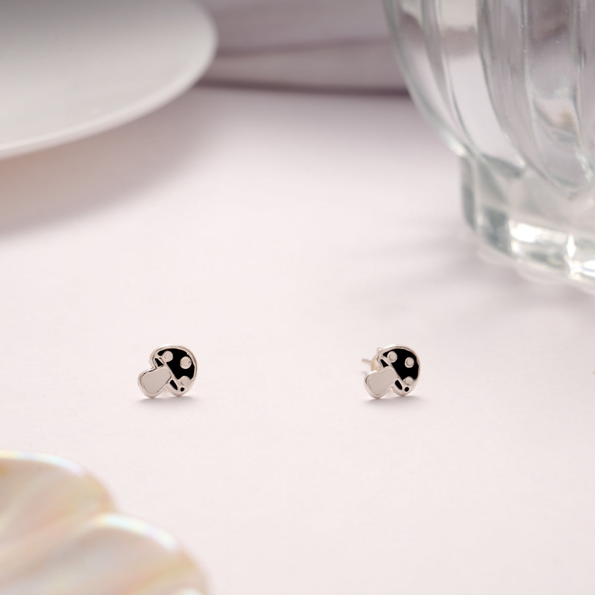 Dainty Silver Mushroom Black Enamel Stud