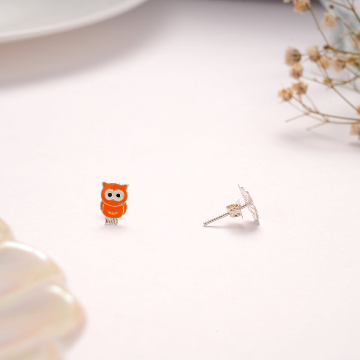 Orange Enamel Owl Silver Stud