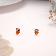 Orange Enamel Owl Silver Stud