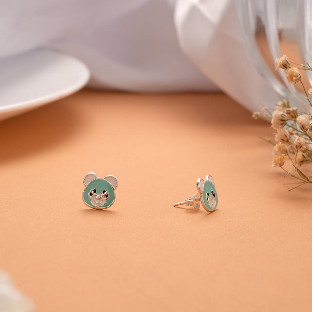 Funny Green Enamel Panda Silver Stud