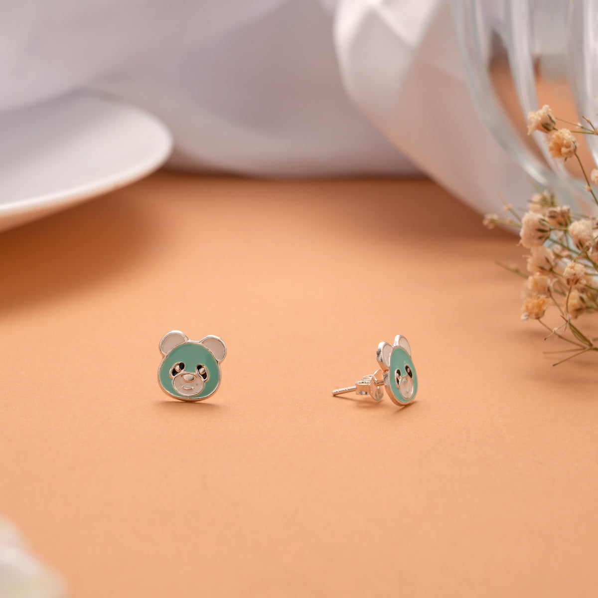 Funny Green Enamel Panda Silver Stud