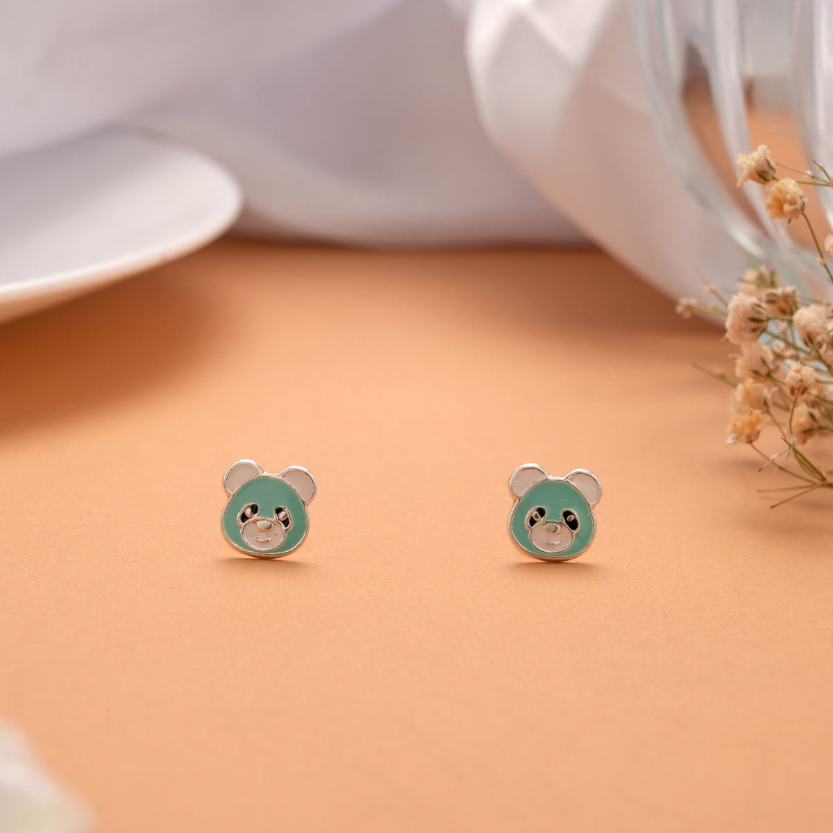 Funny Green Enamel Panda Silver Stud
