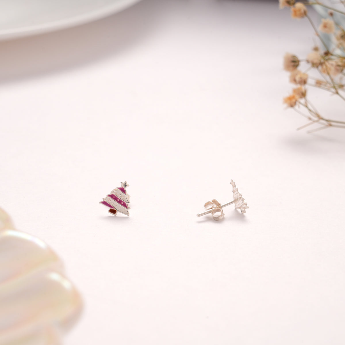 Dainty Pink Striped Tree Silver Stud