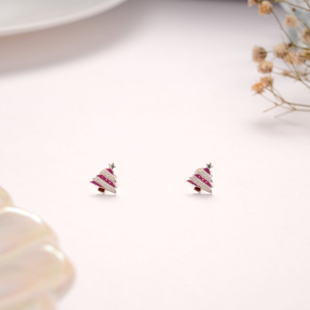 Dainty Pink Striped Tree Silver Stud