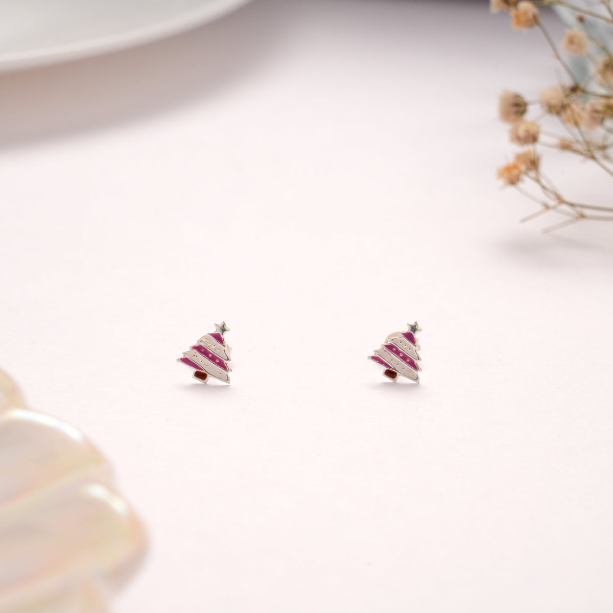 Dainty Pink Striped Tree Silver Stud
