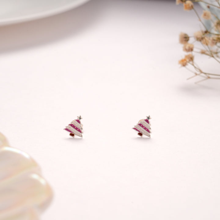 Dainty Pink Striped Tree Silver Stud