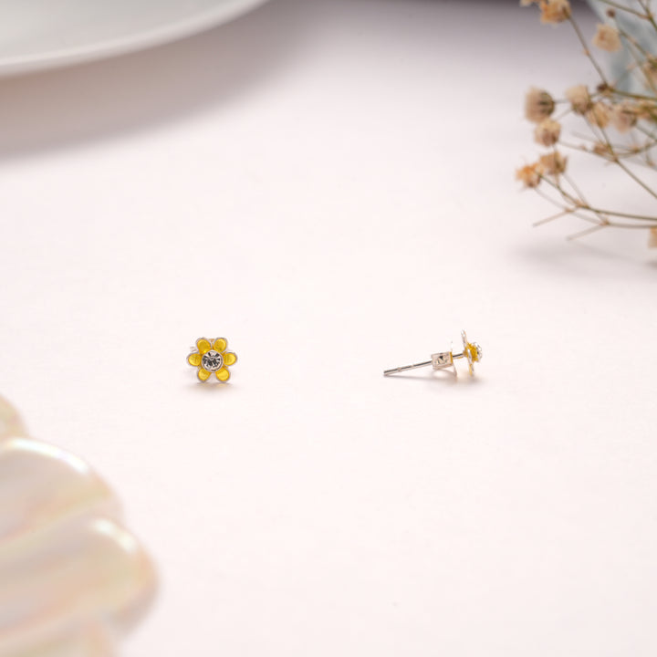 Dainty Yellow Daisy Crystal Silver Stud